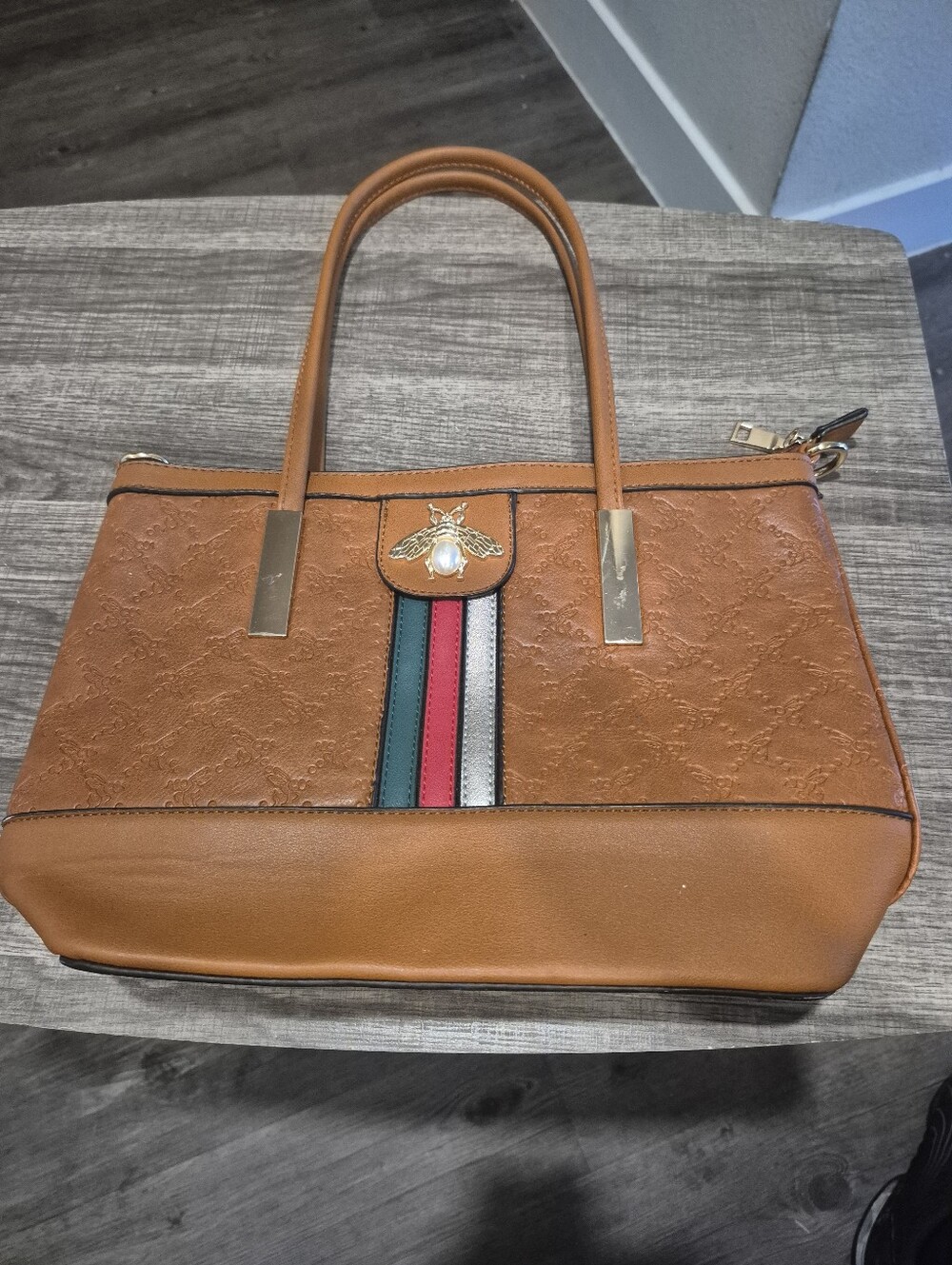 Brown Embossed Faux Leather Bee Satchel Handbag Red Green Stripe Gold Hardware